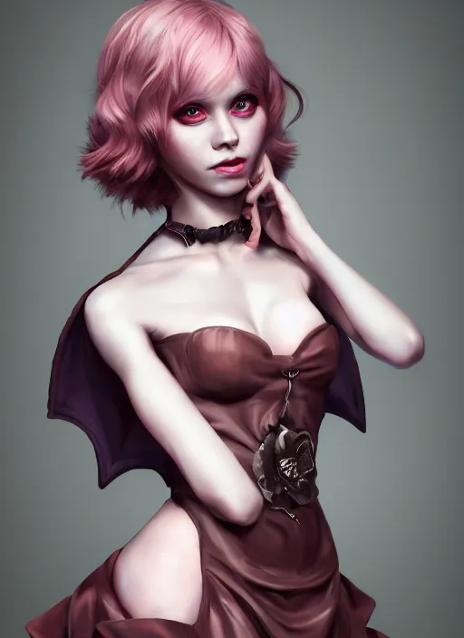 Image similar to beautiful fashion cute imp demon female strapless dress, character portrait in the style of thomas river and artgerm, wlop, cinematic lighting, hyperdetailed, 8 k realistic, symmetrical, global illumination, radiant light,, frostbite 3 engine, cryengine, dof, trending on artstation, digital art, chanel