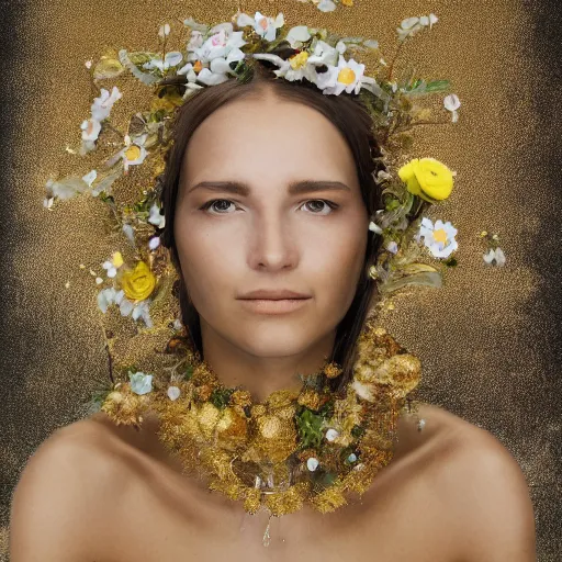 Image similar to close up portrait of a sairose Ronan cyborg with golden jewellery and flowers growing out of its head, photograph