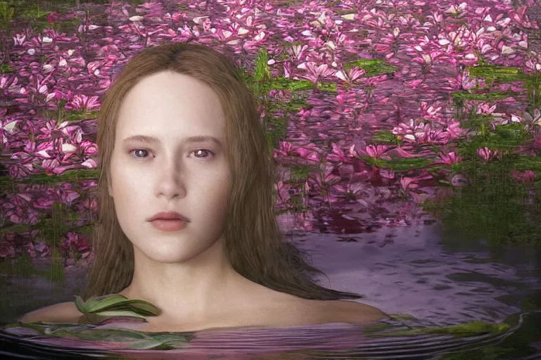 Image similar to hyperrealistic cinematic 3 d portrait of a woman's head and shoulders floating below the surface of a pond, surrounded by a forrest of lillies, deep focus, intricate, elegant, highly detailed, matte, sharp focus, by bill henson and gregory crewdson and james jean, trending on artstation