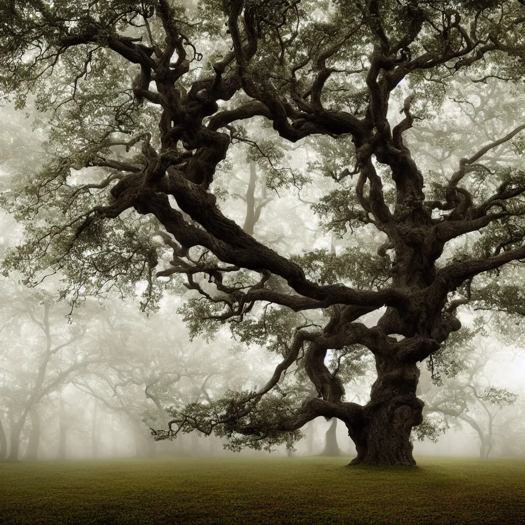 Prompt: old oak tree with one thick trunk with big tree hollow with rope ladder hanging down from the tree hollow, with foliage in four seasons colors, the tree is growing on a meadow, partially covered with morning fog, cinematic lighting, photo realistic image, 4K, super detailed, cinematic look