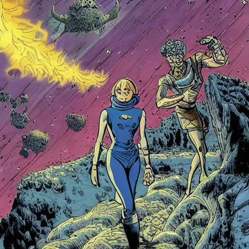 Image similar to Valérian et Laureline, agent spatio-temporel cosmic horror comets on fire ominous void magnificent space landscapes hyperdetailed ink and paper in the style of Popeye