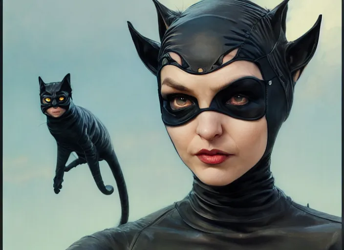 Image similar to highly detailed portrait of catwoman, stephen bliss, unreal engine, art by greg rutkowski, loish, rhads, ferdinand knab, makoto shinkai and lois van baarle, ilya kuvshinov, rossdraws, tom bagshaw, global illumination, radiant light, detailed and intricate environment