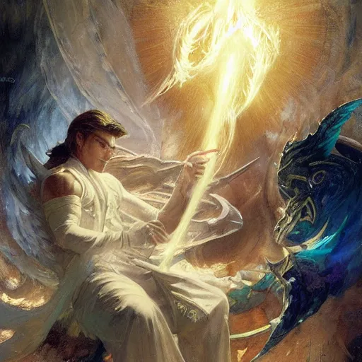 Image similar to attractive male deity casts light spell, summons attractive male lucifer morningstar. highly detailed painting by gaston bussiere, craig mullins, j. c. leyendecker 8 k