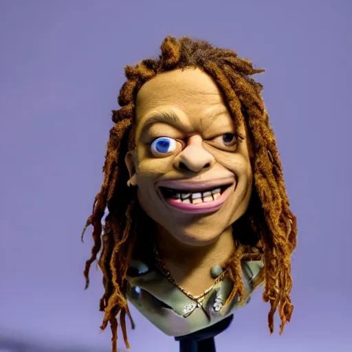 Image similar to a cinematic photograph still of trippie redd made out of clay, in claymation