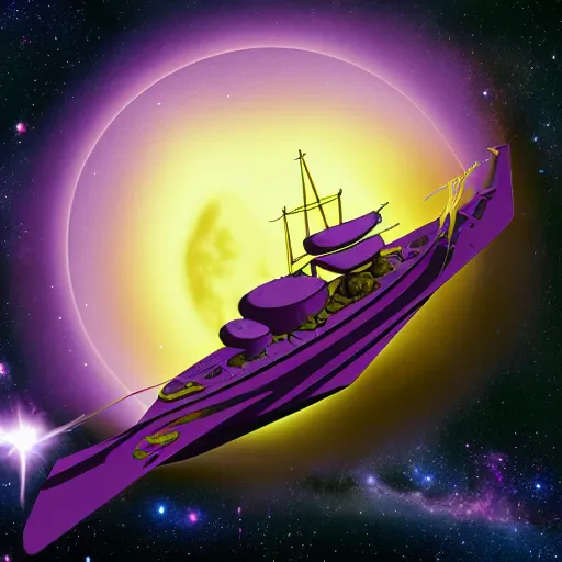 Prompt: spelljammer ship floating in space, purple