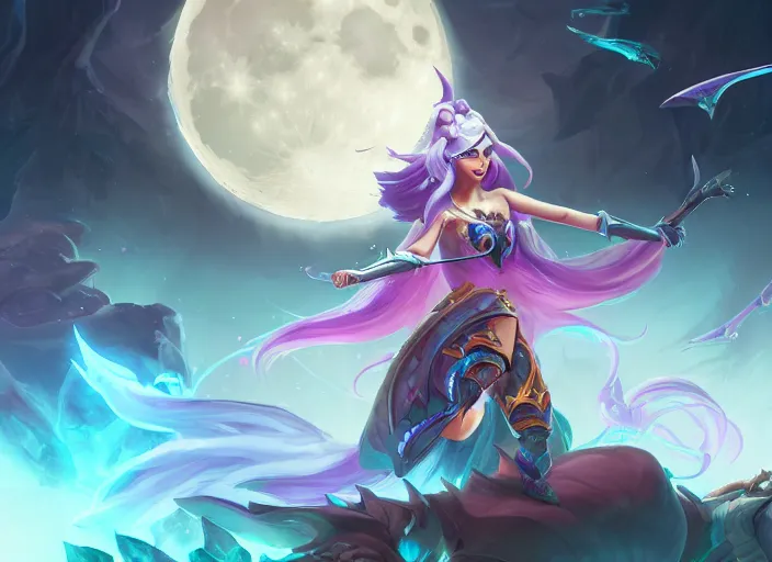 Image similar to moon princess in battle concept art, digital illustration, trending on artstation, epic composition, scenic background, 8 k uhd, masterpiece, league of legends splash art, highly detailed, perfect lineart