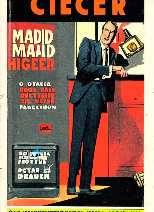 Image similar to portrait of bob odenkirk as saul goodman in the style of a detective book cover ace - high detective magazine 1 9 3 6, mad magazine, cover