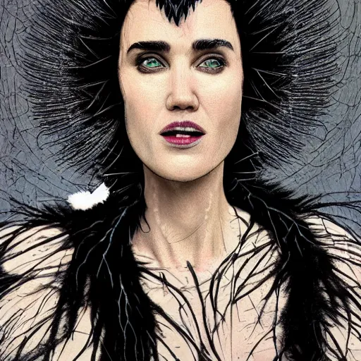 Prompt: jennifer connelly as odile the black swan, gray skin, wearing black hooded cloak, black feathers instead of hair, black feathers growing out of skin, bumpy skin, screaming, losing control, black feathers growing out of face, black hands with black claws, highly detailed, comic book, romantic, mike mignogna, david mack, trending on artstation