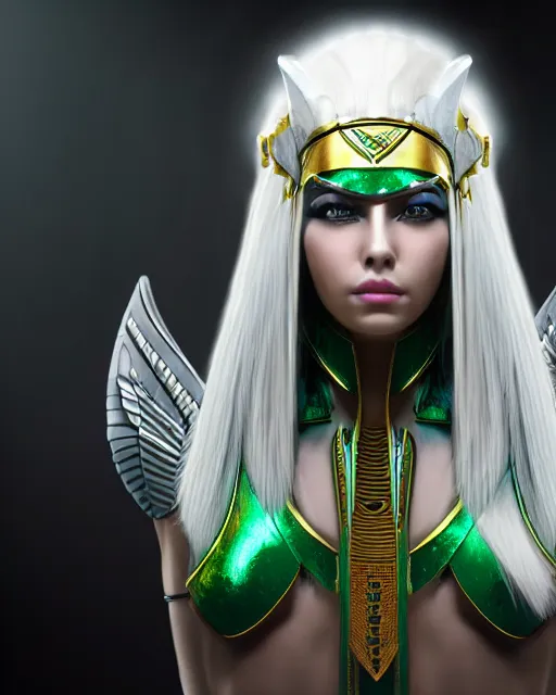 Image similar to perfect white haired attractive egyptian goddess, warframe armor, pharaoh headdress, beautiful, symmetric, dreamy, half asian, pretty face, green eyes, charlize theron, detailed, scifi platform, laboratory, experiment, 4 k, ultra realistic, epic lighting, android body, illuminated, cinematic, masterpiece, art by akihito tsukushi, voidstar