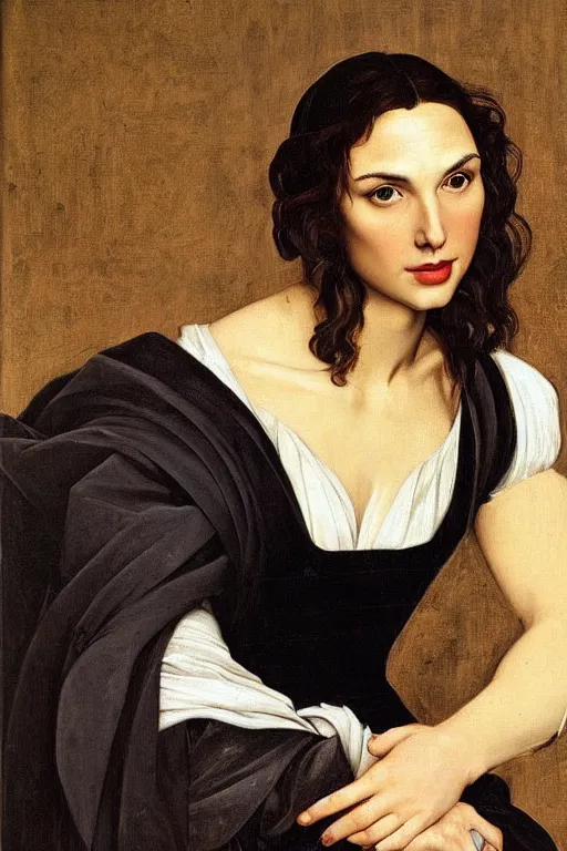 Prompt: a portrait of a Gal Gadot, beautiful clothes, oil painting in a renaissance style , very detailed, painted by Caravaggio.