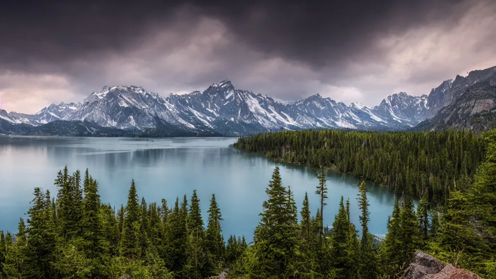 Prompt: a beautiful photo of a national park with mountains and water, award-winning photography