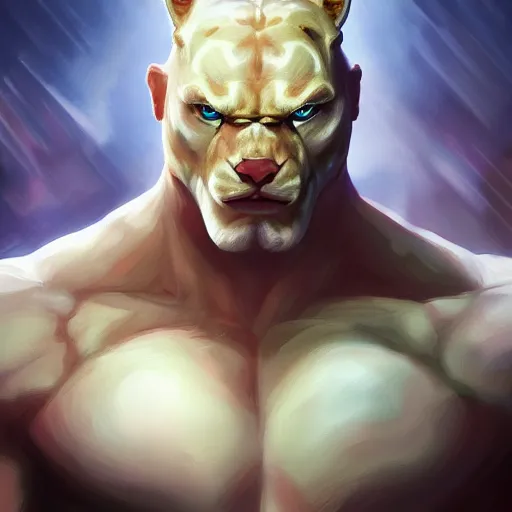 Image similar to a esthetic portrait commission of a muscular antrho albino tiger wearing the superman outfit,hyperdetailed face,character design by charlie bowater,ross tran,artgerm,makoto shibkai,photorealistic,western comic book art,film poster,deviantart,artstation