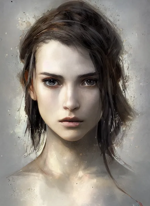 Image similar to a professional photographic portrait of a beautiful young female, partially clothed in battle armor, olive skin, long dark hair, beautiful bone structure, symmetrical facial features, intricate, elegant, digital painting, concept art, smooth, sharp focus, illustration, beautifully framed, from Metal Gear, by Ruan Jia and Mandy Jurgens and Artgerm and William-Adolphe Bouguerea