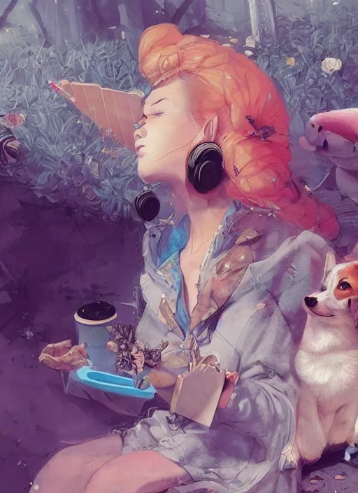 Prompt: beautiful fantasy painting of a Hiphop Lofi princess and corgi chilling to music, by Kenne Gregoire, James Jean, Tran Nguyen, WLOP, Jakub Rebelka. trending on Artstation, 8k, masterpiece, face enhance, graffiti paint, fine detail, full of color, intricate detail, golden ratio illustration