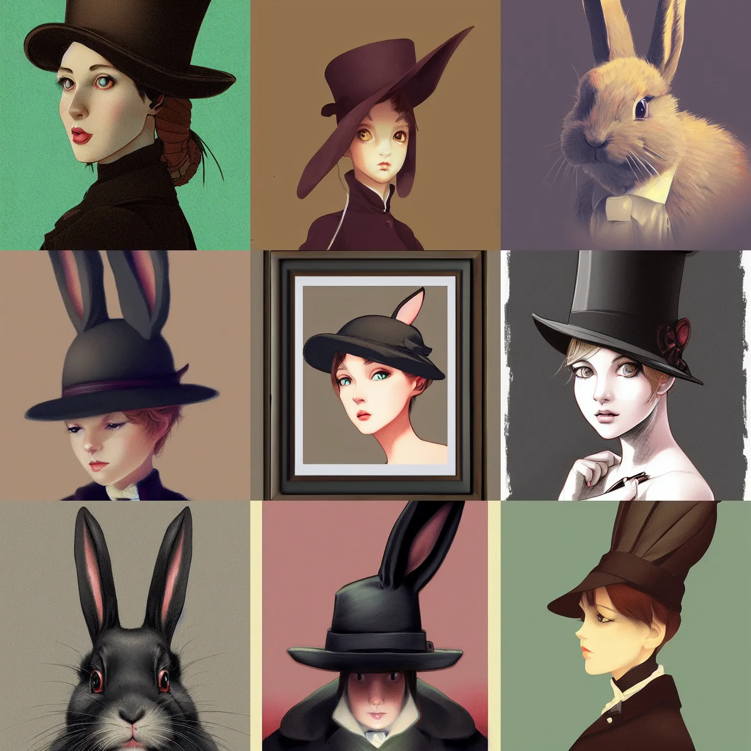 Prompt: a rabbit wearing a victorian hat portrait, illustration by Ilya Kuvshinov, Loish Van Baarle, higly detailed, dramatic light