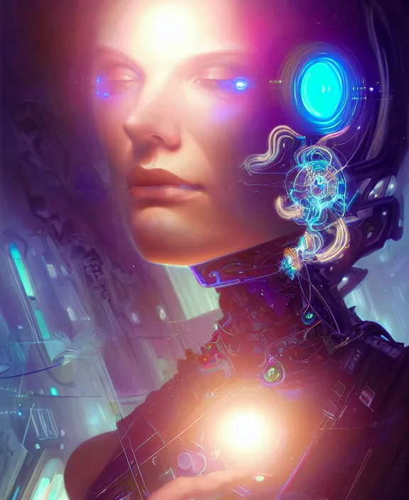 Image similar to a whirlwind of souls rushing inside the metaverse, hologram, half body, neurochip, shaved temple, piercing, jewelry, android, cyborg, cyberpunk face, by loish, d & d, fantasy, intricate, elegant, highly detailed, colorful, digital painting, artstation, concept art, art by artgerm and greg rutkowski and alphonse mucha