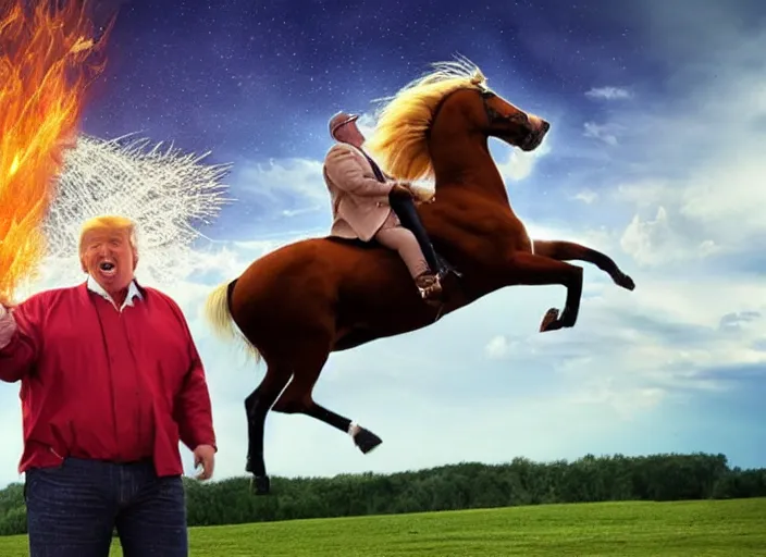 Image similar to obese donald trump riding a horse in the sky, lightning in background, shooting fireballs