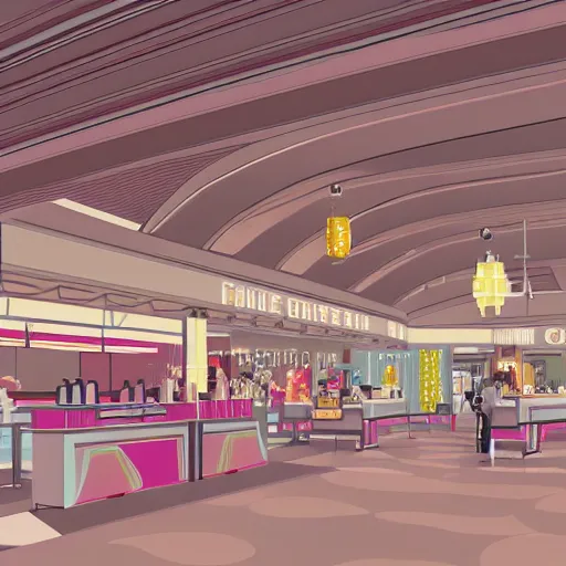 Image similar to art deco illustration of a mall food court in pastel colors