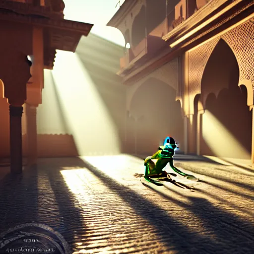 Image similar to frog travels through marrakech, volumetric light, detailed, establishing shot, an epic fantasy, cinematic, photorealistic, ultrarealistic, trending on art station, octane render