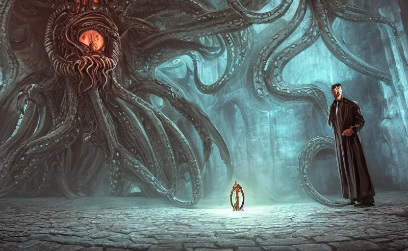 Image similar to priest in front of singular portal hell gate a realistic lovecraft cthulhu creature, filaments, translucent, photorealistic, hyperrealism, high resolution, ultra - detailed, by marc simonetti, natural volumetric lighting, realistic 4 k octane beautifully detailed render, 4 k post, vivid colors