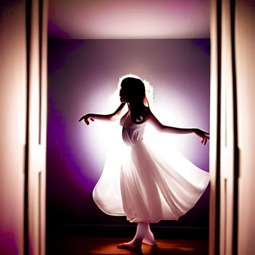 Prompt: cute girl wearing white dancing joyfully in her bedroom at night, dark atmospheric lighting, elegant, highly detailed, heavy grain, sharp focus, depth of field, radiant light, 8 k, hdr, beautiful composition, photographed by steve mccurry