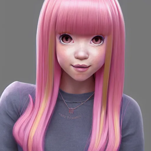 Image similar to A portrait of Nikki from Shining Nikki and Love, a cute 3d cgi toon young woman with long light pink hair, full bangs, hazel eyes, full face, light makeup, pale skin, Chinese heritage, cute outfit, medium shot, mid-shot, hyperdetailed, 8k, trending on artstation, as a Pixar character