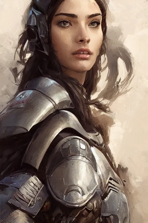 Image similar to a professional painting of a beautiful young female, clothed in military armor, olive skin, long dark hair, beautiful bone structure, symmetrical facial features, intricate, elegant, digital painting, concept art, smooth, sharp focus, illustration, from Star Wars by Ruan Jia and Mandy Jurgens and Artgerm and William-Adolphe Bouguerea