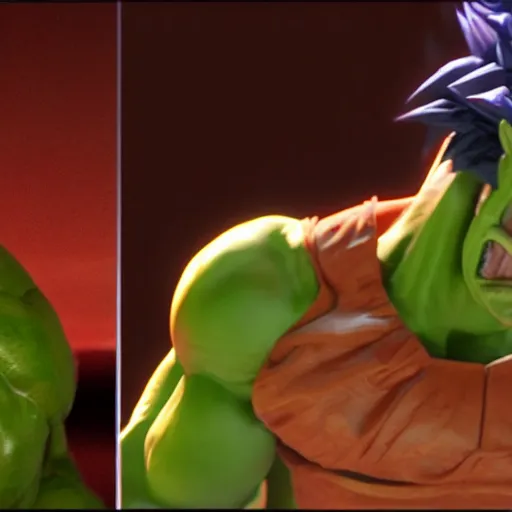 Image similar to Photo realistic live action Super Saiyan Frank Zappa vs Majin Nickacado Avacado WWE takedown ray traced 8K anti-aliased highly detailed cinematic render award winning photography