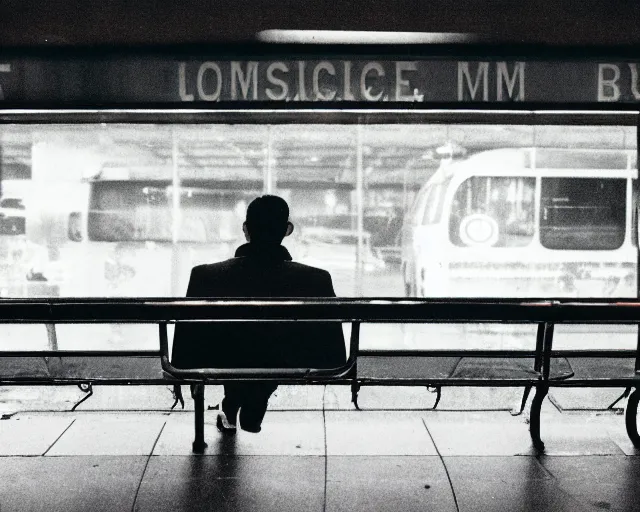 Image similar to a lomographic photo of russian lone man sitting in bus station at evening, cinestill, bokeh