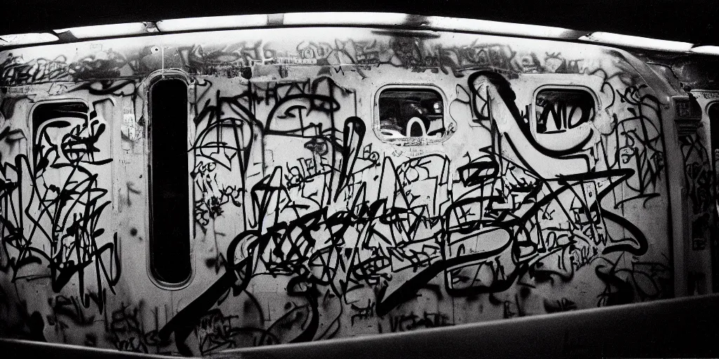 Image similar to subway cabin inside all in graffiti, man in carhartt jacket closeup writing graffiti, night, film photography, exposed b & w photography, christopher morris photography, bruce davidson photography