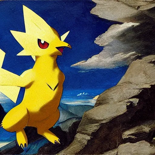 Image similar to Pokemon Zapdos flying above a slate mountain painted by Caravaggio. High quality.