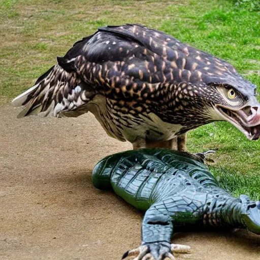 Prompt: hawk and alligator mutant animal,realistic, picture taken in zoo