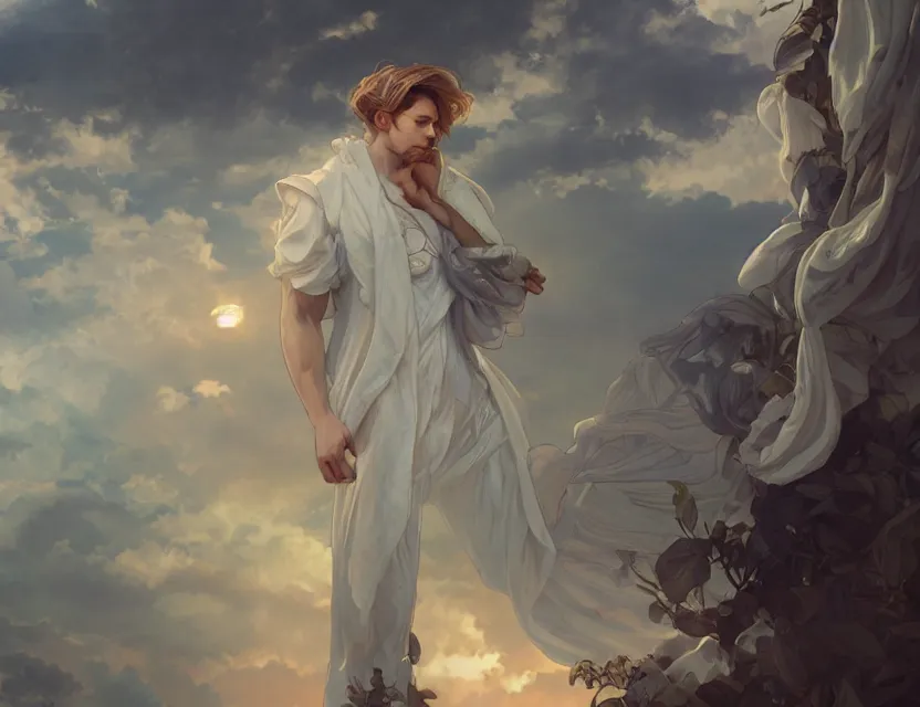 Prompt: a male wearing clouds as the clothes, morning sunrise, digital art, concept, radiant light, soft highlights, smooth render, unreal engine render, alphonse mucha krenz nixeu wlop.