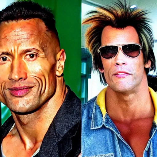 Prompt: Dwayne Johnson with a Ace Ventura wig, ace Ventura haircut, ace Ventura hair