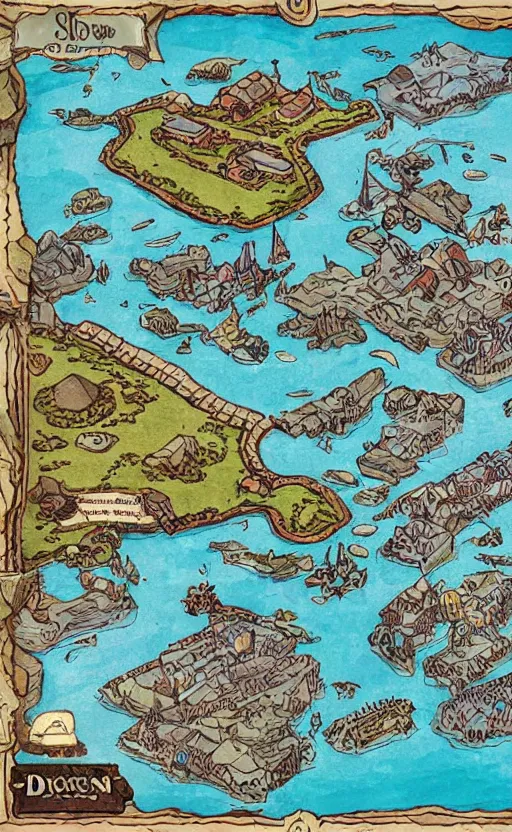 Image similar to dnd shore port town and docks on islands, hand painted and drawn map