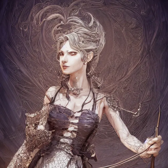 Prompt: the portrait of the lawful evil sorceress lawyer as an absurdly beautiful, graceful, elegant, sophisticated, woman, an ultrafine hyperdetailed illustration by kim jung gi, irakli nadar, intricate linework, bright colors, octopath traveler, final fantasy, unreal engine 5 highly rendered, global illumination, radiant light, detailed and intricate environment