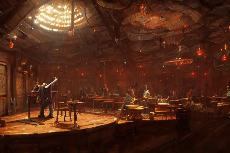 Image similar to a bard performs on stage in a nearly empty d & d tavern, by greg rutkowski and anna podedworna, artstation