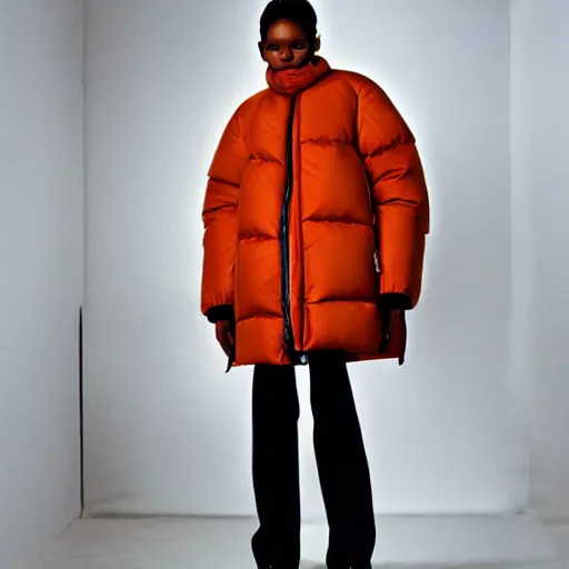 Prompt: realistic photoshooting for a new balenciaga lookbook color film photography of a beautiful woman model, model wears a puffer jacket, photo in style of tyler mitchell, ssense
