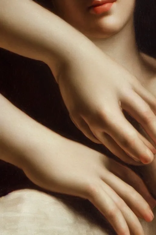 Prompt: hyperrealism extreme close-up of hands around beautiful young medieval female face, pale skin, in style of classicism