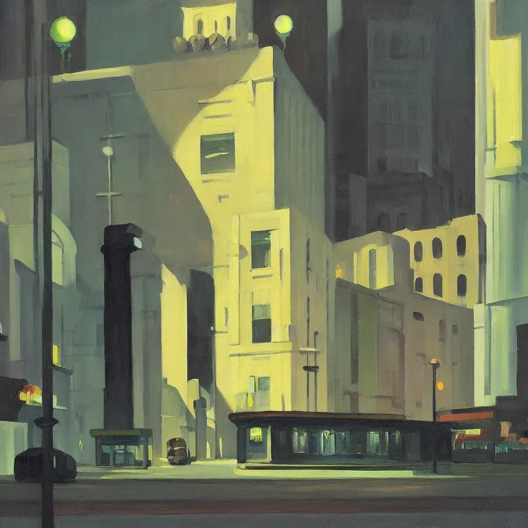 Prompt: dark city all stores cloded, except one, painted by Edward Hopper and James Gilleard, oil painting