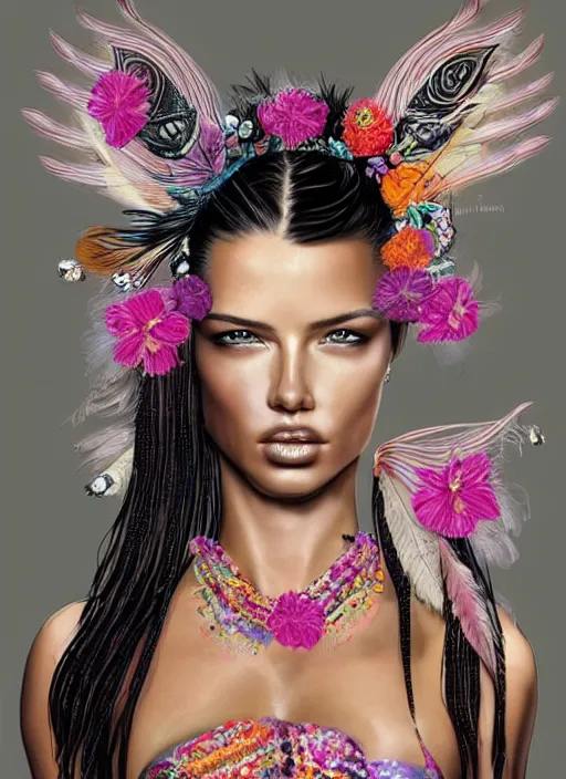 Prompt: beautiful portrait render of Adriana Lima wearing fantastic dress,embellished beaded feather decorative fringe knots ,colorful pigtail,subtropical flowers and plants,perfect symmetrica body shape,symmetrical face,intricate,elegant,highly detailed,8k,post-processing,digital painting,trending on pinterest,harper's bazaar,concept art, sharp focus, illustration, by artgerm,Tom Bagshaw,Lawrence Alma-Tadema,greg rutkowski,golden ratio