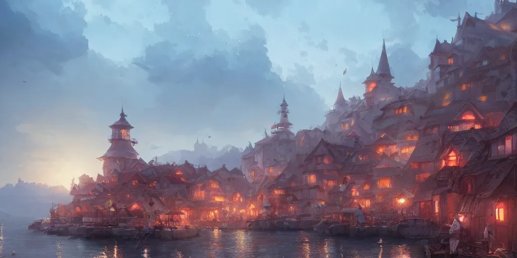 Image similar to Cozy small city on a cape, red roofs, fishing boats. In style of Greg Rutkowski, Jesper Ejsing, Makoto Shinkai, trending on ArtStation, fantasy, great composition, concept art, highly detailed, scenery, 8K, Behance.