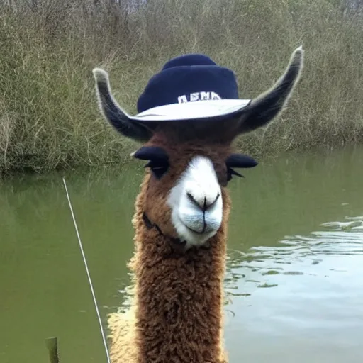 Image similar to llama wearing fishing hat, fishing up a fresh boris johnson on rod