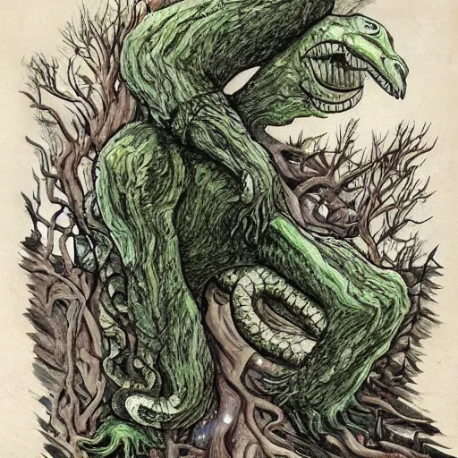 Image similar to A beautiful mixed mediart of a large, looming creature with a long, snake-like body. The creature has many large, sharp teeth, and its eyes glow a eerie green. It is wrapped around a large tree, which is bent and broken under the creature's weight. There is a small figure in the foreground, clutching a sword, which is dwarfed by the size of the creature. pastel white by Bordalo II incredible, composed