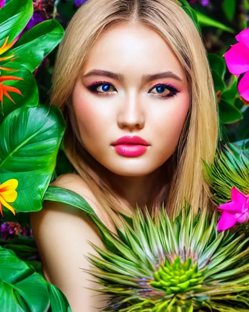 Image similar to an stunning beautiful eastern girl is surrounded by colourful tropical flowers and plants, symmetric face and eyes, upper body face shot, long straight blonde hair, visible face 5 0 mm f 2. 2