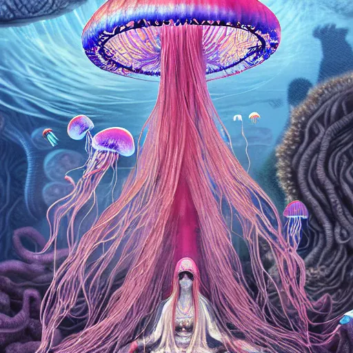 Image similar to A painting of priestesses worshipping at the jellyfish temple, shrouded in mist, jellyfish god, jellyfish priestess, jellyfish shrine maiden, 8K, illustration, art by Kyuyong Eom, smoke, undersea temple with fish, cinematic, insanely detailed and intricate, hypermaximalist, elegant, super detailed, award-winning, magenta and crimson and cyan, rainbow accents, iridescence, bioluminescence, mysterious, ancient, ritual, trending in cgsociety, artstation HQ, ornate, elite, haunting, matte painting, beautiful detailed, insanely intricate details, dreamy and ethereal, otherworldly