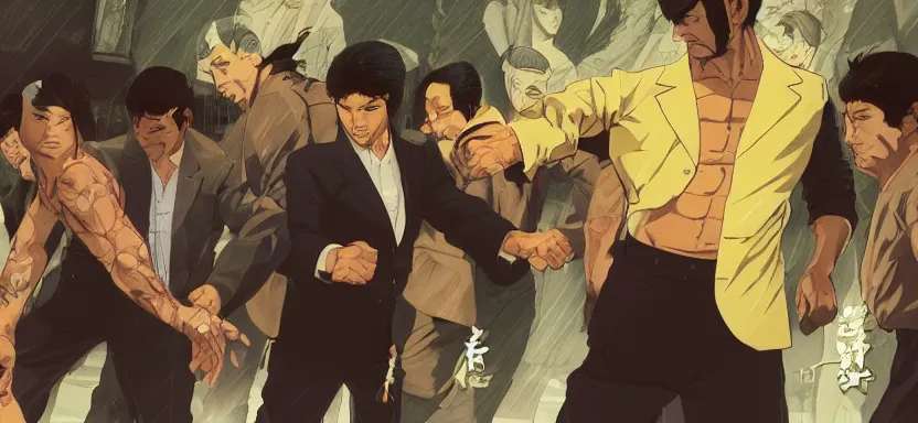 Prompt: a yakuza gang fistfight, digital painting masterpiece, by ilya kuvshinov, by frank frazetta, by mœbius, by reiq, by hayao miyazaki, intricate detail, beautiful brush strokes, advanced lighting technology, 4 k wallpaper, interesting character design, stylized yet realistic anatomy and faces, inspired by kill bill animated scene