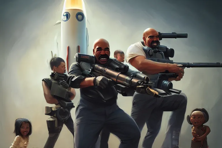 Image similar to portrait of steve harvey with a rocket launcher, attacking family fued, charlie bowater, artgerm, ilya kuvshinov, krenz cushart, ruan jia, realism, ultra detailed, 8 k resolution