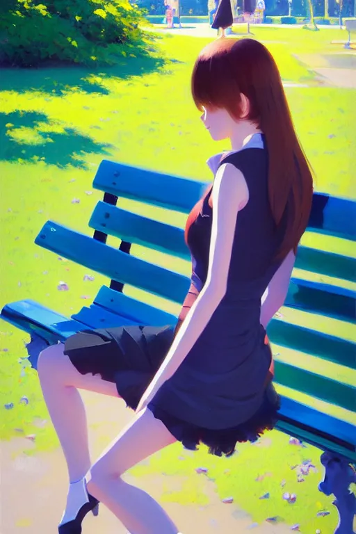 Image similar to A ultradetailed beautiful panting of a stylish girl siting on a park bench, bright sunny day, Oil painting, by Ilya Kuvshinov, Greg Rutkowski and Makoto Shinkai