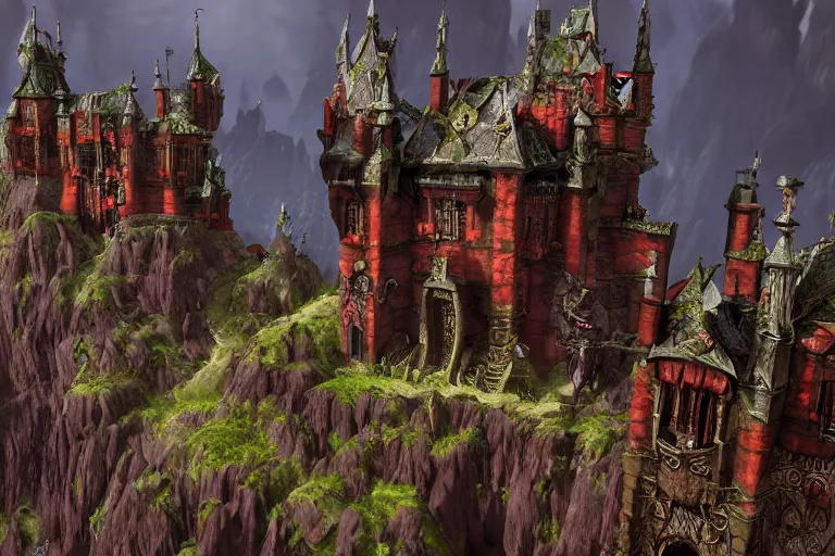 Image similar to big evil castle - city rock dark shadow elves, might and magic heroes vii, dark fantasy, shadows, artstation trending, unreal engine 5, red